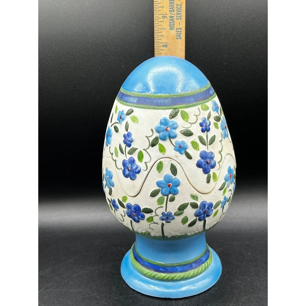 Vtg Hand Painted Ceramic Floral Pedestal Egg Small Taper Candle Holder Blue  8